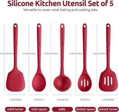 600ºF Heat Resistant Kitchen Utensil: U-Taste 13.6" Extra Long Silicone Cooking Tools Set, Food-Grade Non-Stick Solid and Slotted Turner Spatula, Mixing Spoon, and Soup Ladle (5 Pieces, Aqua Sky)
