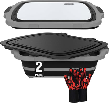 XL Collapsible BBQ Prep Tub with Cutting Board & Drain Plug – Portable Food Prep Station for Kitchen, Camping & Grill – Dishwasher Safe, Space-Saving Design – Heat-Resistant Glove Included (Black)