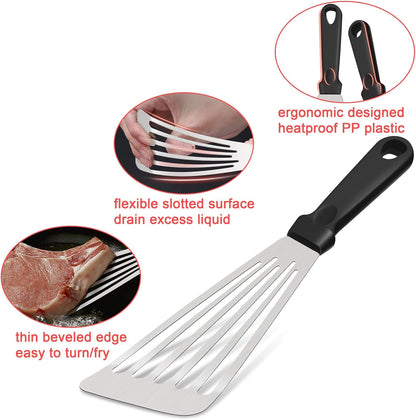 HaSteeL 2 Pack Stainless Steel Fish Spatula, Metal Slotted Turner Set, Griddle Grill Spatula for Kitchen Cooking, Flipping, Turning, Frying $ Grilling, Full Tang ABS Handle, DIshwasher Safe