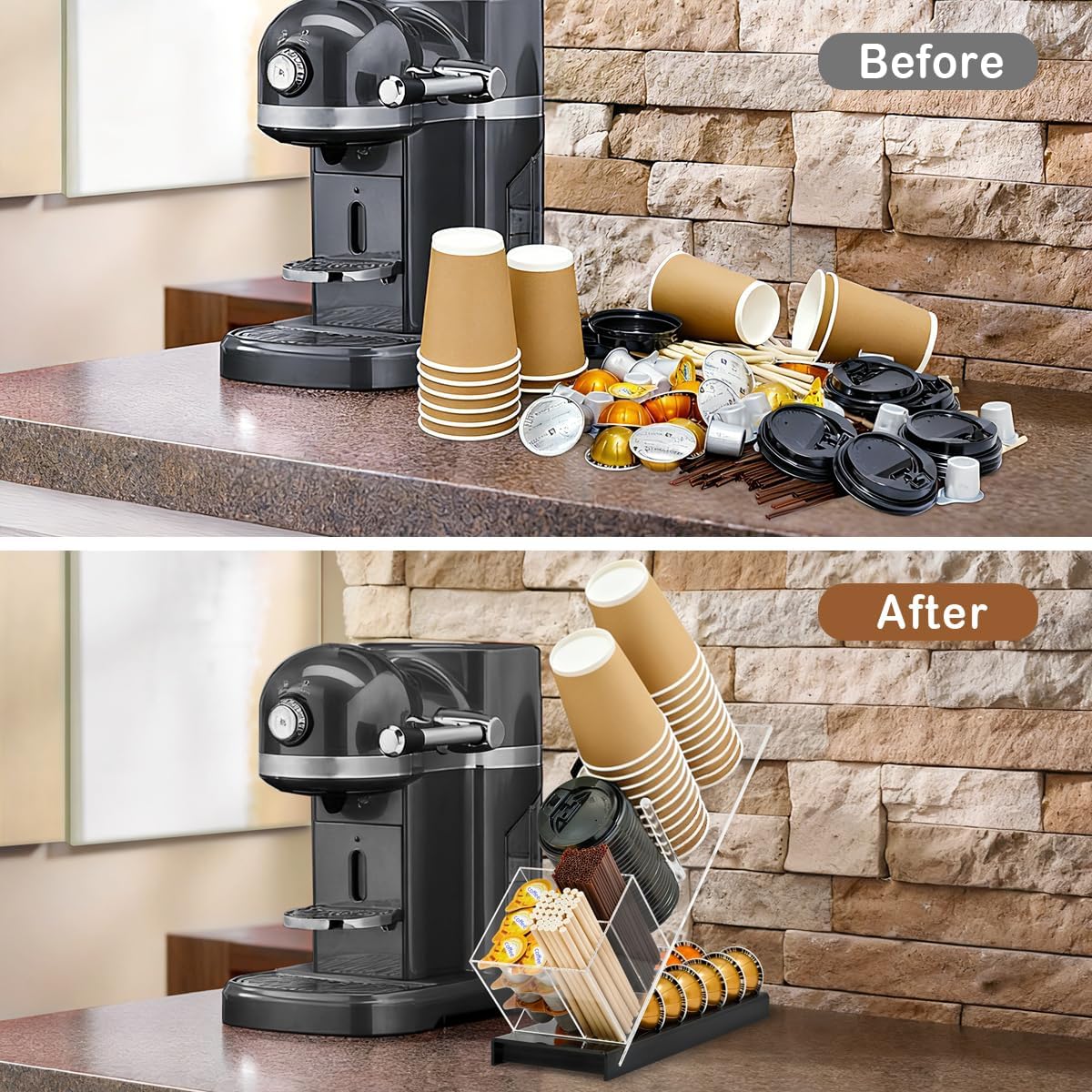 Acrylic Cup and Lid Holder with Coffee Pods Organizer, Adjustable Coffee Cup Holder 6 Compartment Dispenser for Disposable Cup and Straw Accessories Organizer, for Office, Home, Coffee Bar Countertop