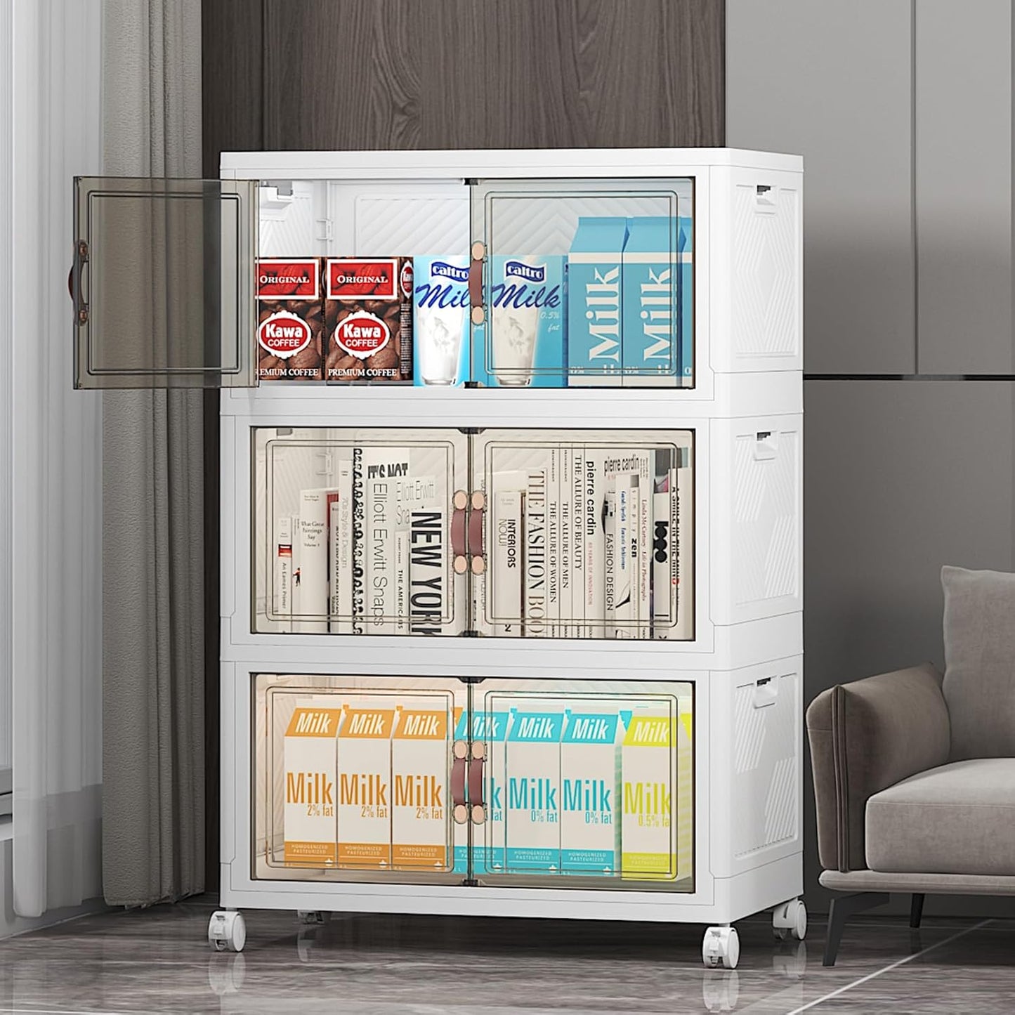 UAMFURI 720QT Stackable Storage Bins with Lids, Extra Large Storage Cabinet with Doors and Wheels, Collapsible Plastic Storage Box for Bedroom Dorm Office Garage