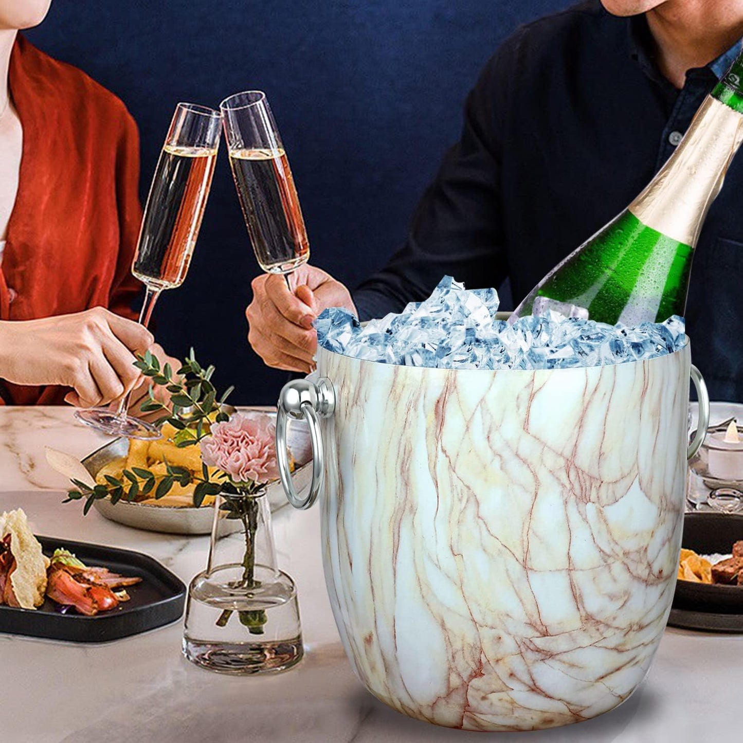 Ice Bucket with Lid, Scoop, Tongs and Strainer - Well Made Insulated Stainless Steel Keep Ice Frozen Longer - Ideal for Cocktail Bar, Parties, Chilling Wine, Champagne - 3 Liter (Stainless Steel)
