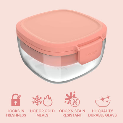 Bentgo Glass Salad Container - 7.6-Cup Salad Bowl with Airtight Lid, Leak-Proof Sauce Container, 4-Compartment Bento Tray & Reusable Fork - BPA-Free for Meal Prep, Office & More (Light Blue)