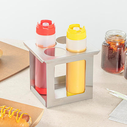 Restaurantware Stainless Steel Bottle Organizer - 1 Count - 6.299 x 7.087 x 0.394 Inches - Dishwasher-Friendly Condiment Holder - Kitchen Bottle Rack - Space-Saving Design - Silver