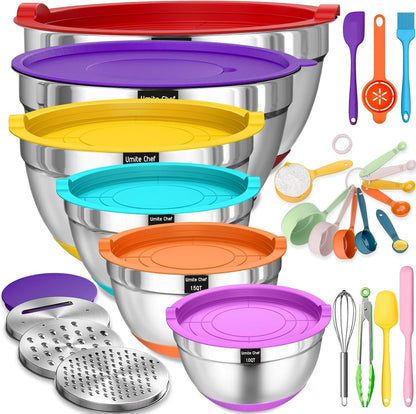 Thickened Heavy-Duty 26pcs Stainless Steel Bowl, Mixing Bowl Set with Lid, Grater Attachment, Non-Slip Bottom and Kitchen Gadget Set, Sizes 7, 4, 2.5, 2.0, 1.5, 1QT, Ideal for Mixing and Serving