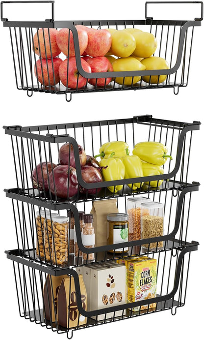 4 Pack Stackable Wire Baskets with Handles for Pantry Organizers and Storage, Fruit and Vegetable wire storage baskets, Potato and Onion Storage Bin, Metal Baskets for Organizing Snacks, Cans (White)