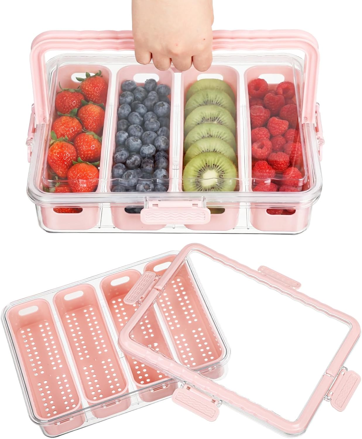 LemonRoad 2 Pack Divided Serving Tray with Lid and Handle 4 Compartment Snackle Box Charcuterie Board Container, Portable Organizer for Veggies, Fruit, Candy for Picnic, Party Travel (Pink)
