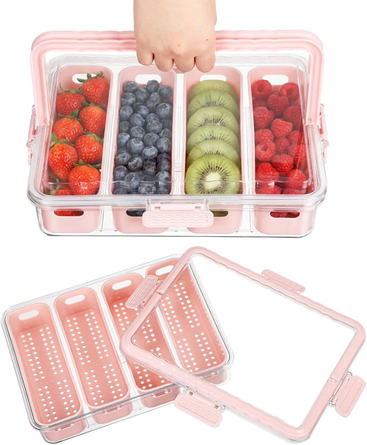LemonRoad 2 Pack Divided Serving Tray with Lid and Handle 4 Compartment Snackle Box Charcuterie Board Container, Portable Organizer for Veggies, Fruit, Candy for Picnic, Party Travel (Pink)