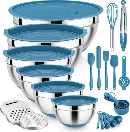 E-far 25PCS Mixing Bowls with Lid Set, Stainless Steel Nesting Prep Bowls with Grater Attachments Non-Slip Bottoms for Cooking, Serving, Food Storage, 4.6/2.6/2/1.5/1/0.7QT - Khaki