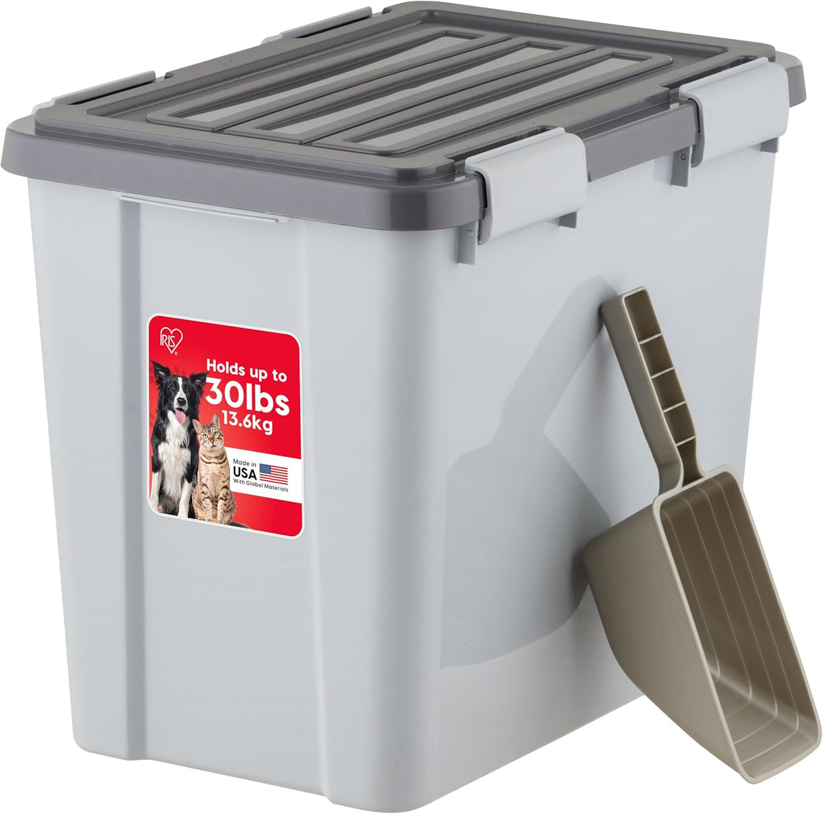 IRIS USA Stackable Dog Food Storage Container with 2 Cup Scoop, 4 Secure Latches, Fits up to 30 lbs, Pet Dry Food Bin, Gasket Seal Lid, BPA Free, Stackable, Easy Measure, White