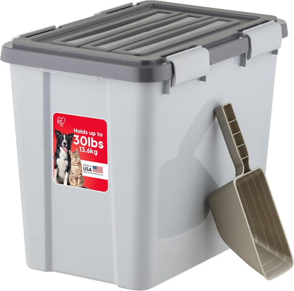 IRIS USA Stackable Dog Food Storage Container with 2 Cup Scoop, 4 Secure Latches, Fits up to 30 lbs, Pet Dry Food Bin, Gasket Seal Lid, BPA Free, Stackable, Easy Measure, White