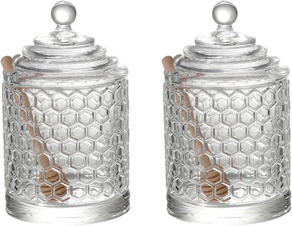 Honey Jars,9 oz Clear Glass Honey Pot Set with Dipper and Lid - Glass Honey Dispenser,Syrup Jar,Containers for Kitchen - Honeypot with Dipper Sticks - Honey Containers (Hexagon)