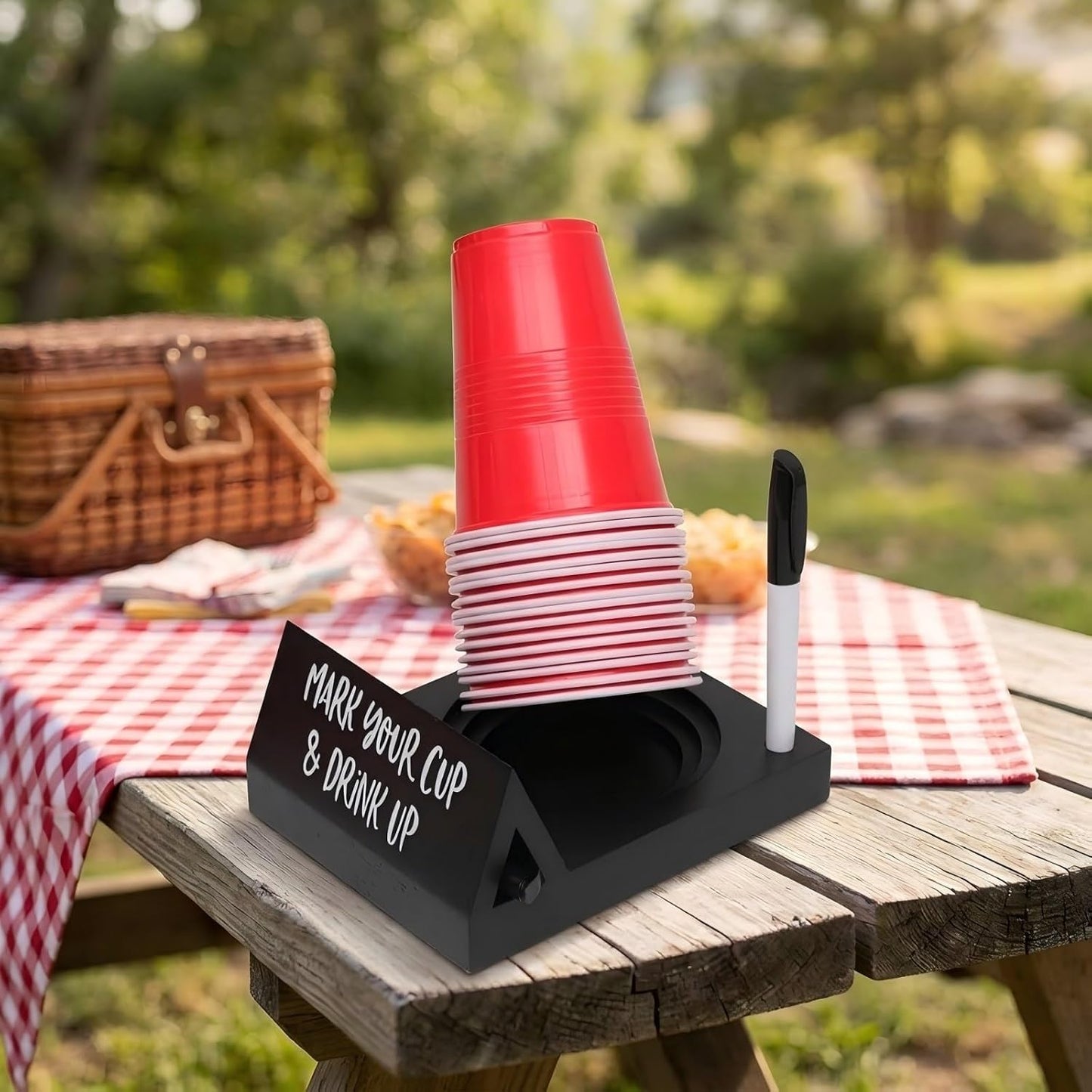 Wooden Brown Party Cup Holder with Marker Slot | Mark Your Cup and Drink Up Cup Holder |Hosting Party Essentials |Disposable Mug Dispenser for Birthday, BBQ, Holiday Events,Housewarming Gift (Brown)