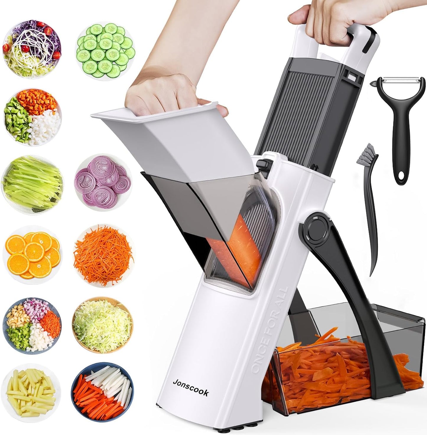 Jonscook All-in-1 Update Safe Mandoline Slicer for Kitchen, Food Chopper with Container, Thickness Adjustable Vegetable Chopper, Potato French Fry Cutter Tomato Apple Slicer Onion (BlackKnight)