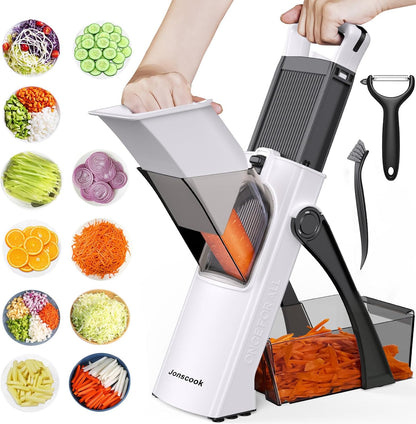 Jonscook All-in-1 Update Safe Mandoline Slicer for Kitchen, Food Chopper with Container, Thickness Adjustable Vegetable Chopper, Potato French Fry Cutter Tomato Apple Slicer Onion (BlackKnight)