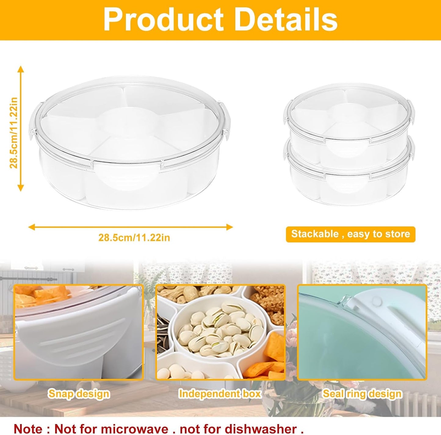 Qivine Veggie Tray with Lid for Fridge, Portable Vegetable Tray with Lid and Dip, 6 Compartments Divided Serving Tray with Lid and Handle, Round Veggie Trays for Serving for Party with 2 Clips