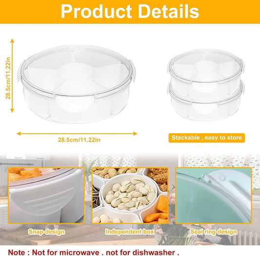 Qivine Veggie Tray with Lid for Fridge, Portable Vegetable Tray with Lid and Dip, 6 Compartments Divided Serving Tray with Lid and Handle, Round Veggie Trays for Serving for Party with 2 Clips