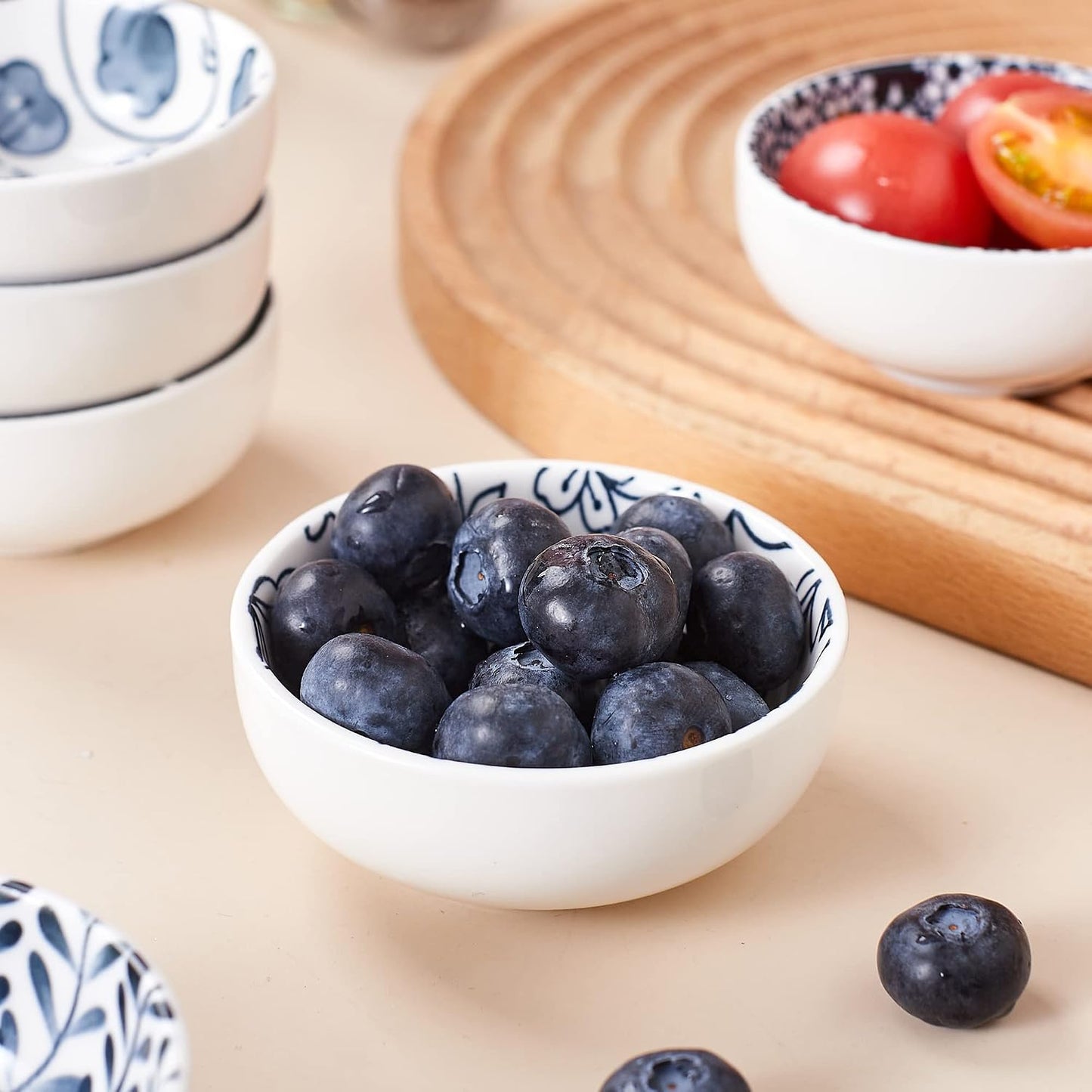 Japanese Style Ceramic Dipping Bowls,3'' Small Pinch Bowls Set Side Sauce Cups,Dishes for Sushi,Snack and Soy,BBQ,2.5 Oz Blue and White Mini Bowl for Kitchen Prep - Set of 6 (3 inch)