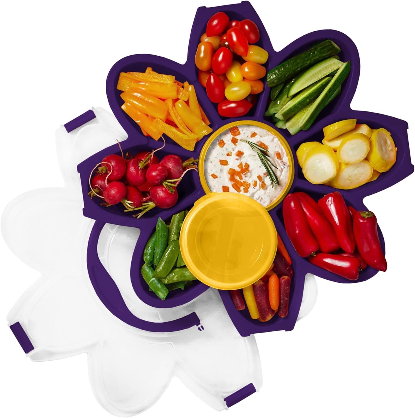KOLORAE Flower Snack Serving Tray - 9 Compartment Party Platter with Dressing Cup for Chips and Dip, Fruits and Veggies - Game Day & Summer Entertaining Tray