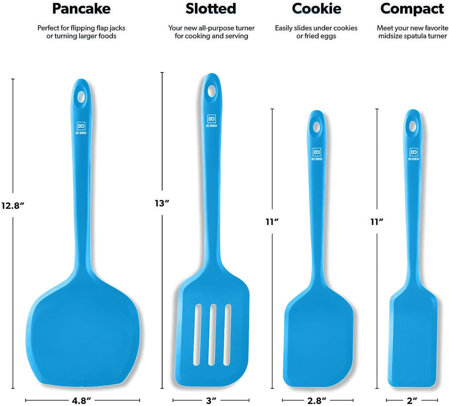 DI ORO Silicone Turner Spatula Set - Kitchen Spatulas for Nonstick Cookware - Cooking Utensils for Flipping Eggs & Pancakes - 600°F Heat-Resistant BPA Free Turners - Dishwasher Safe (4pc, Black)