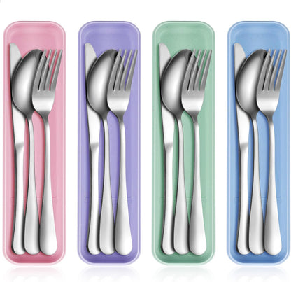 Yinkin 4 Pack Portable Travel Utensils Set with Case Reusable Stainless Steel Silverware Flatware Camping Cutlery Include Fork Spoon Knife for Work School Dishwasher Safe(White, Green, Red, Black)