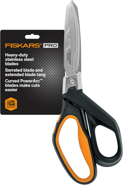 Fiskars Pro PowerArc Shop Shears, Heavy Duty Stainless Steel Scissor, Industrial Grade Tool for Building and Construction, 10 in, Orange/Black