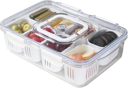 Snackle Box Container, Divided Serving Tray with Lid & Handle Dishwasher Safe, Portable Clear Storage Organizer for Candy Fruits Nuts Snacks Veggie - Perfect for Party, Entertaining, Traveling