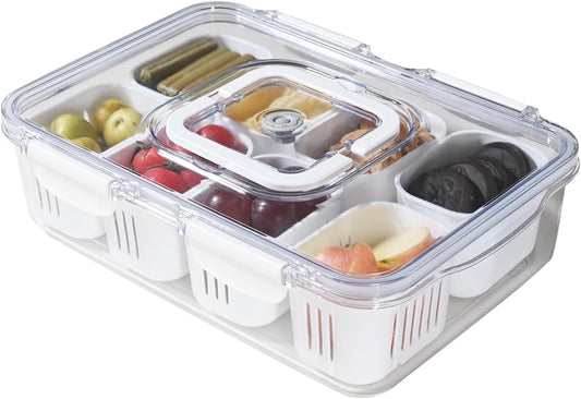Snackle Box Container, Divided Serving Tray with Lid & Handle Dishwasher Safe, Portable Clear Storage Organizer for Candy Fruits Nuts Snacks Veggie - Perfect for Party, Entertaining, Traveling