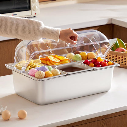 VEVOR Chilled Condiment Server Caddy, 5 Compartment Ice Cooled Serving Container, Plastic Fruit Garnish Tray Platter with Lid, for Taco Salad Bar Accessories, Party Home Restaurant Supplies