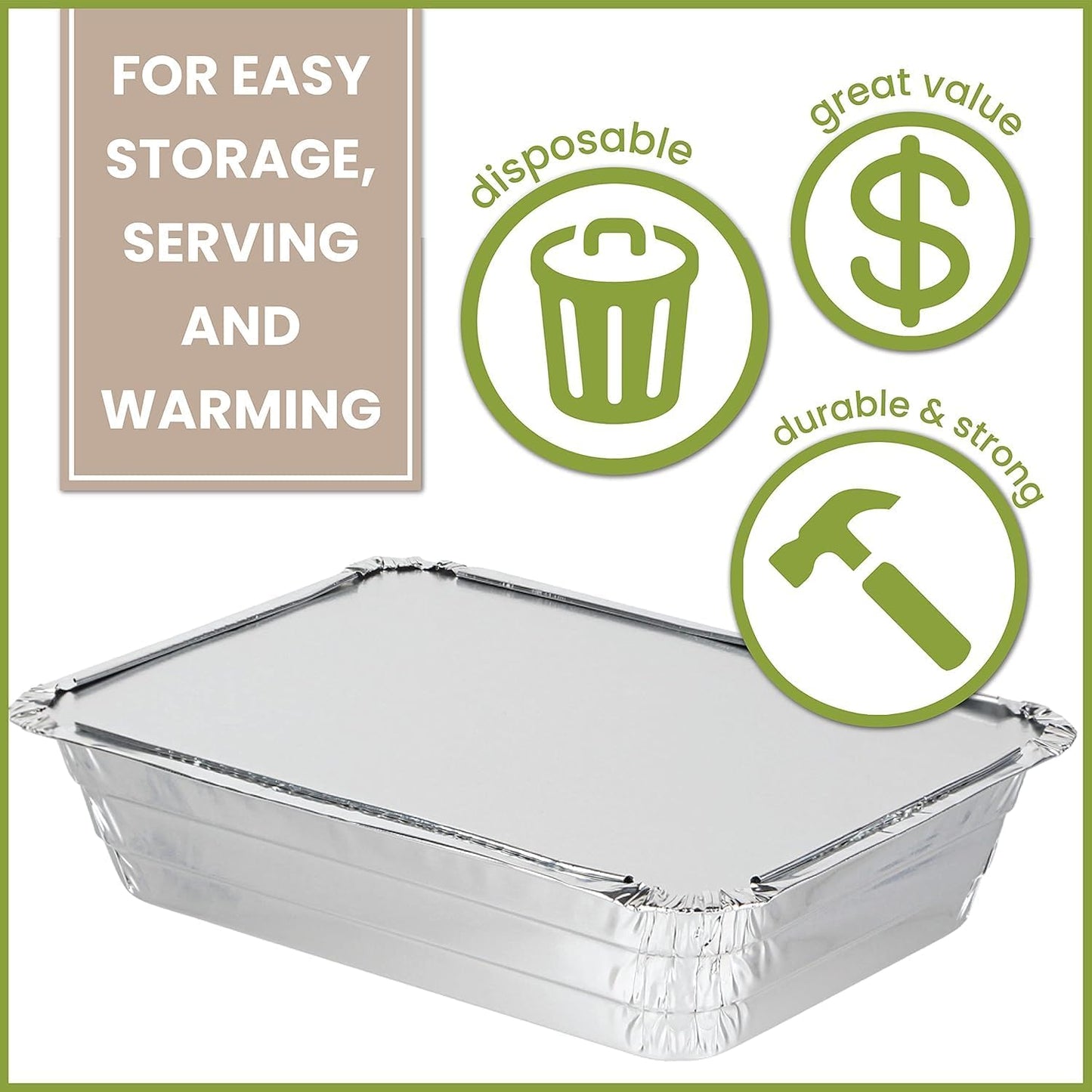 PARTY BARGAINS 4 lb Aluminum Pans with Board Lids, 50 Pack – 12 x 8 in Disposable Foil Roasting & Steam Table Pans for Catering, Takeout, Meal Prep, Oven Safe up to 240°C