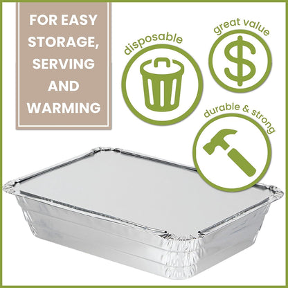 PARTY BARGAINS 4 lb Aluminum Pans with Board Lids, 50 Pack – 12 x 8 in Disposable Foil Roasting & Steam Table Pans for Catering, Takeout, Meal Prep, Oven Safe up to 240°C