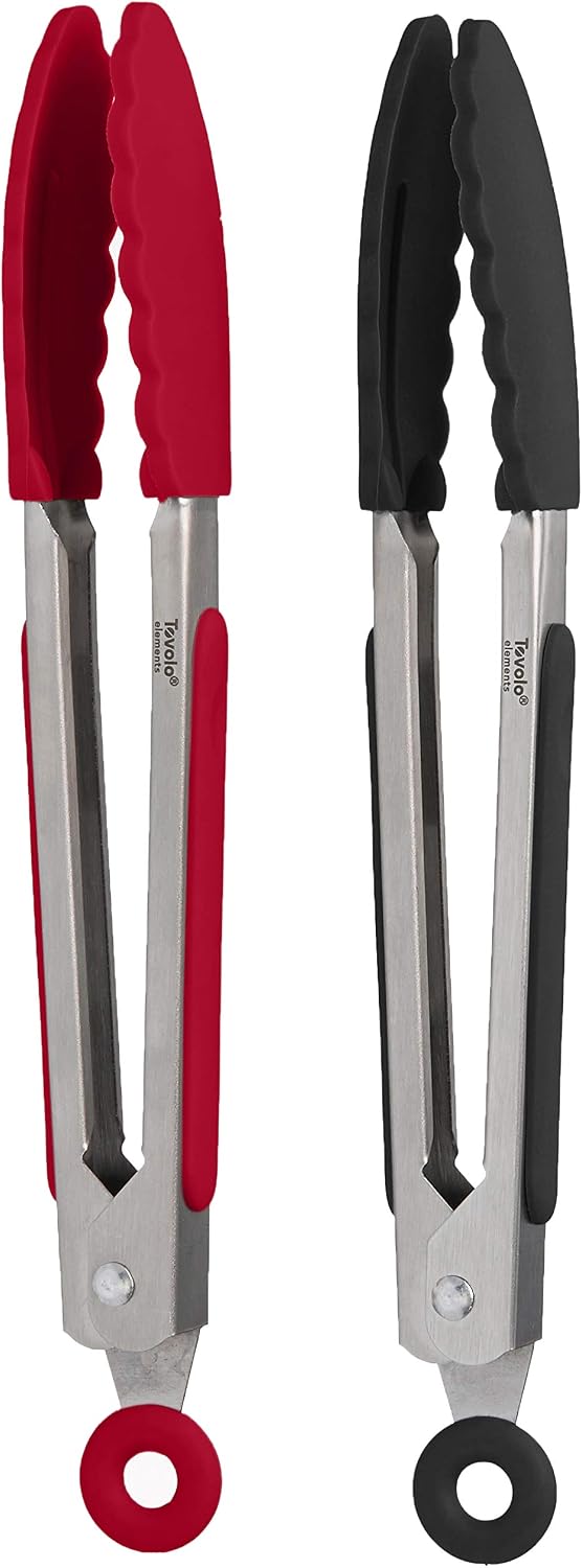 Tovolo Stainless Steel Tongs with Silicone Tips Set of 3 Mini 7” 9” 12 Inch with Easy Lock Mechanism for Cooking Grilling Air Fryer Serving, Red Black Charcoal Gray Heat Resistant Kitchen Tongs
