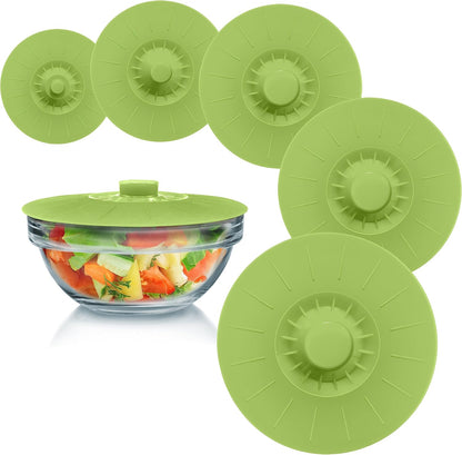 Silicone Bowl Lids Blue Set of 5 Reusable Suction Seal Covers for Bowls, Pots, Cups. Food Safe. Natural grip, interlocking handles for easy use and storage.
