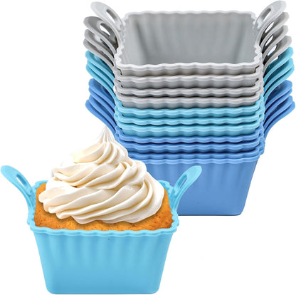 Koluti Nonstick Silicone Muffin Baking Cups Pack of 12, Reusable Cupcake Molds with Double Handle, BPA Free, Mini Round Air Fryer Cupcakes Liner, 3 Colors