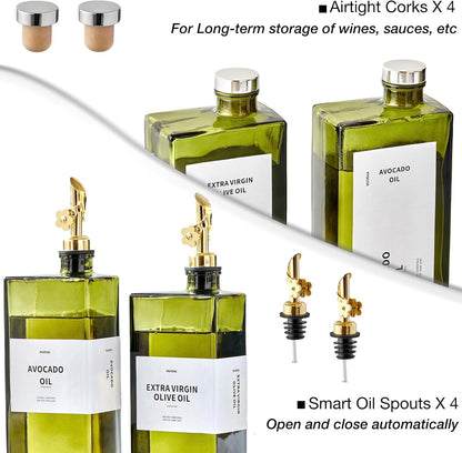 Olive Oil Dispenser Bottle for Kitchen, 16.9oz /500ml Cooking Vinegar Dispenser Bottle Set, Glass Sauce Container, Labels, Brush, Funnel, Stoppers, Green for Oil, Wine