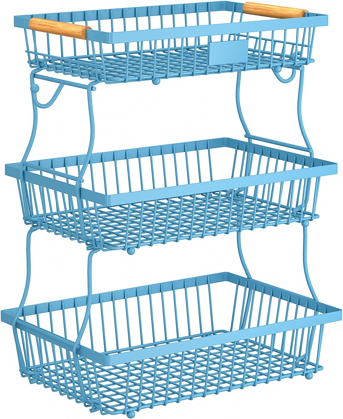 2 Tier Fruit Basket for Kitchen Counter with 2 Banana Hangers, Countertop Metal Bread Basket with Wooden Handle, Large Storage Stand for Vegetables, Snacks, Eggs, Produce Storage – Black