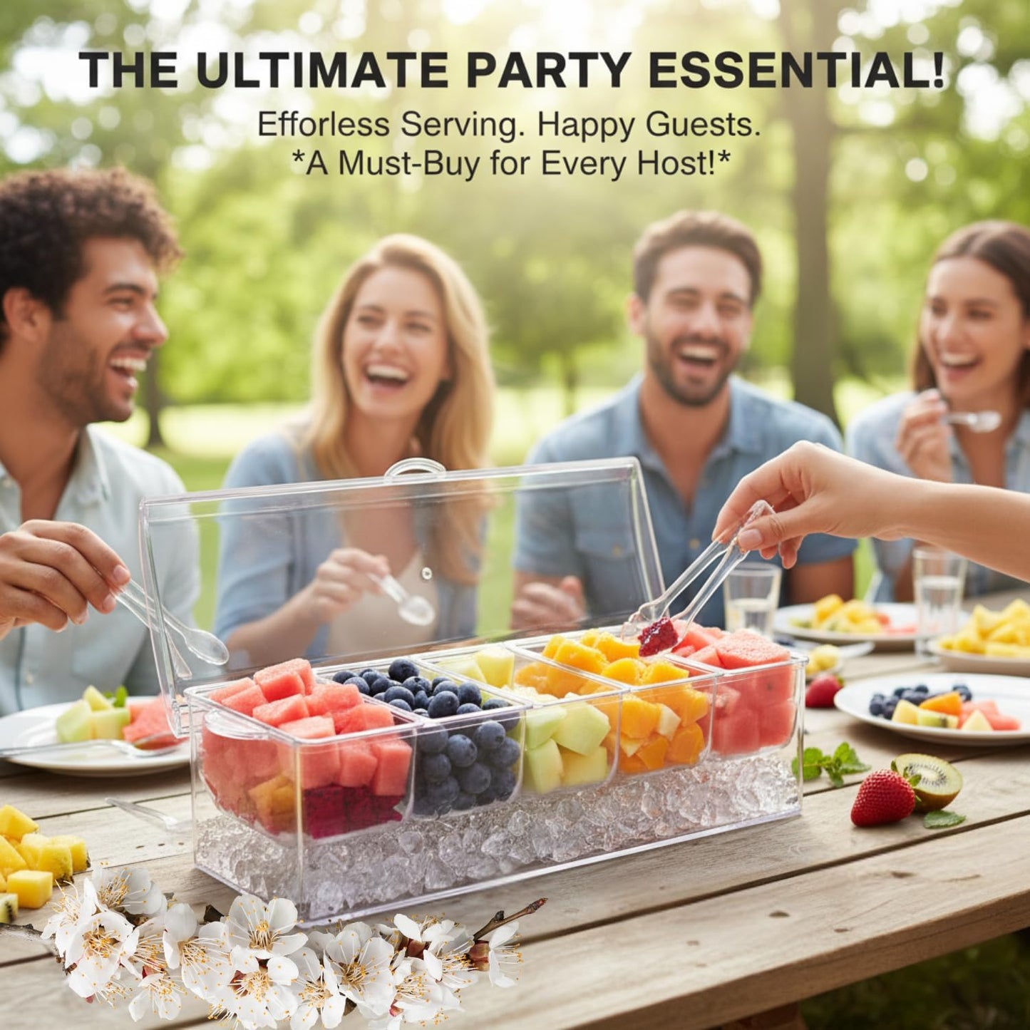 Ice Chilled Condiment Server with Lids – Includes 19 Serving Accessories (Tongs, Spoons, Forks) – 5 Compartment Fruit & Veggie Tray for Parties, Taco Bar, Picnics & Outdoor Entertaining