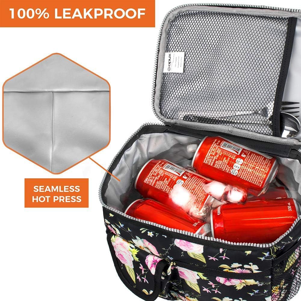opux Insulated Lunch Bag Women Men, Dual Compartment Leakproof Lunch Box Adults Kids, Double Decker Meal Prep Bento Lunch Cooler Tote with Shoulder Strap for Work Office School Travel, Floral Purple