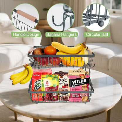 Fruit Basket Bowl 2 Tier Detachable with 2 Banana Hangers, Fruit Stand Holder for Kitchen Countertop, Metal Wire Vegetable Storage Organizer, for Bread Snack Veggies Produce, Black