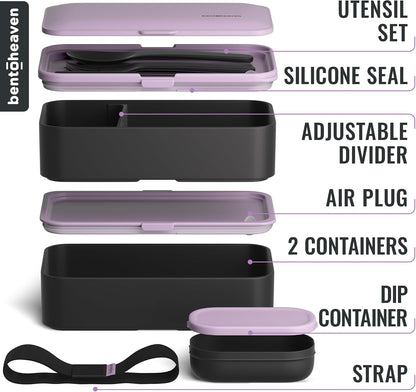 Bentoheaven Premium Bento Box Adult Lunch Box with Compartments for Women & Men, Set of Utensil & Chopsticks & Dip Container, Cute Japanese Kids Bento Lunch Box, Microwavable (Symph Onyx)