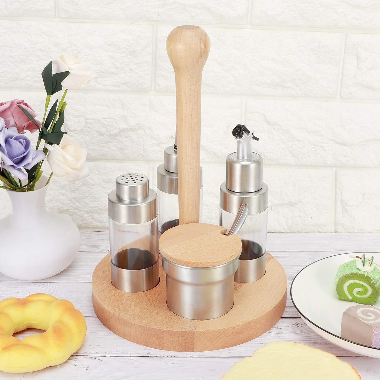 Cruet Set, Wood Condiment Spice Pepper Jar Box 5PCS Stainless Steel Plastic Oil Vinegar Salt Pepper Condiment Dispensers Set with Spoon (square wooden frame)