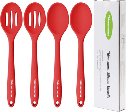 Silicone Cooking Spoon, Nonstick Kitchen Spoons for Cooking, Slotted and Solid Serving Spoon Heat Resistant, Silicone Mixing Spoons Basting for Nonstick Cookware 4 Pack