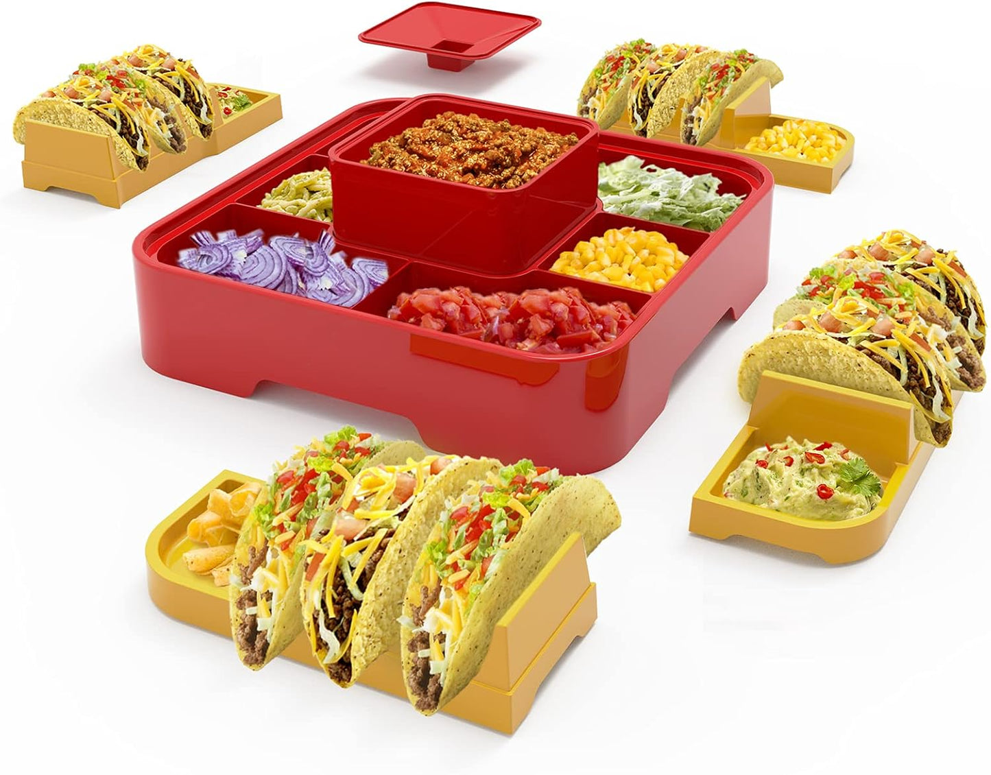 Taco Bar Serving Set for a Party - Taco Tuesday Kit of 4 personal Taco Holders, Taco Night for Burritos, Nachos, 7 compartments for Taco Toppings