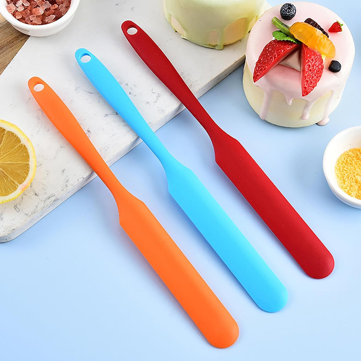 【6 Pack】Silicone Jar Spatula,Cake Cream Butter Spatulas,Icing Spatula,Sourdough Spatula with Long Handle, Jar Scraper Spatula (Black,Red,Orange,Blue,Green,Purple)