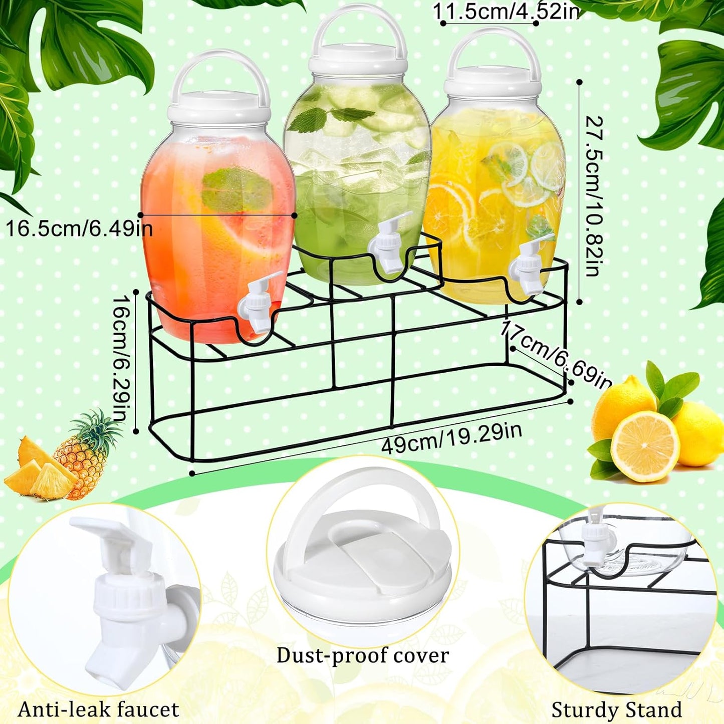 Tanlade 3 Pcs Plastic Drink Dispenser with Spigot and Metal Stand 1.2 Gallon Beverage Dispenser for Parties Juice Dispensers Lemonade Jar with Lids for Cold Drink Tea Water Container