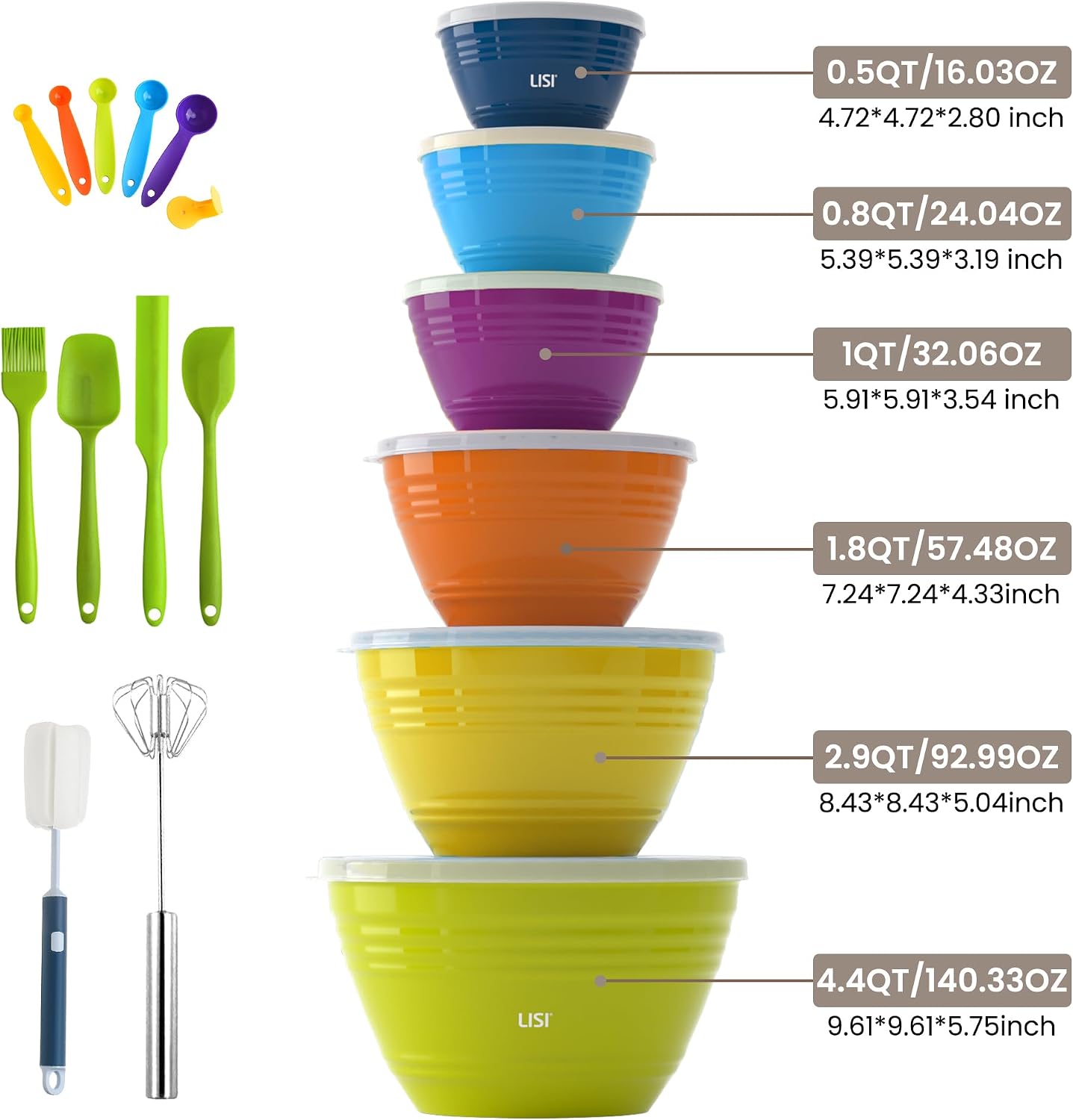 LISI 23Pcs Mixing Bowls Set with Lids, Airtight BPA-Free Nesting Bowls for Mixing, Baking, Cooking & Storage, Dishwasher Safe Serving Bowl, Includes Spatula, Spoons, Brush & Whisk