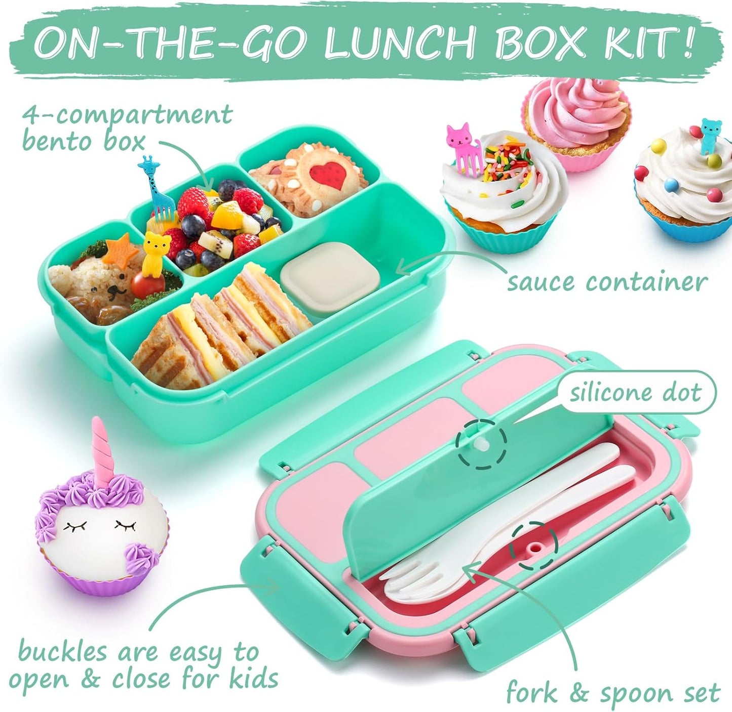 QQKO Bento Lunch Box for Kids Girls Boys, Toddler Kids Lunch Boxes for School, Lunch Containers for Adults with 4 Compartments, Sauce Container, Utensils, Food Picks and Muffin Cups, Purple