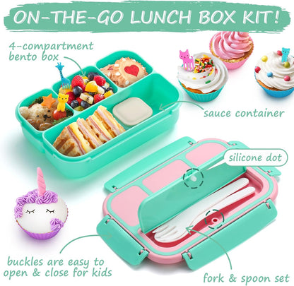 QQKO Bento Lunch Box for Kids Girls Boys, Toddler Kids Lunch Boxes for School, Lunch Containers for Adults with 4 Compartments, Sauce Container, Utensils, Food Picks and Muffin Cups, Purple