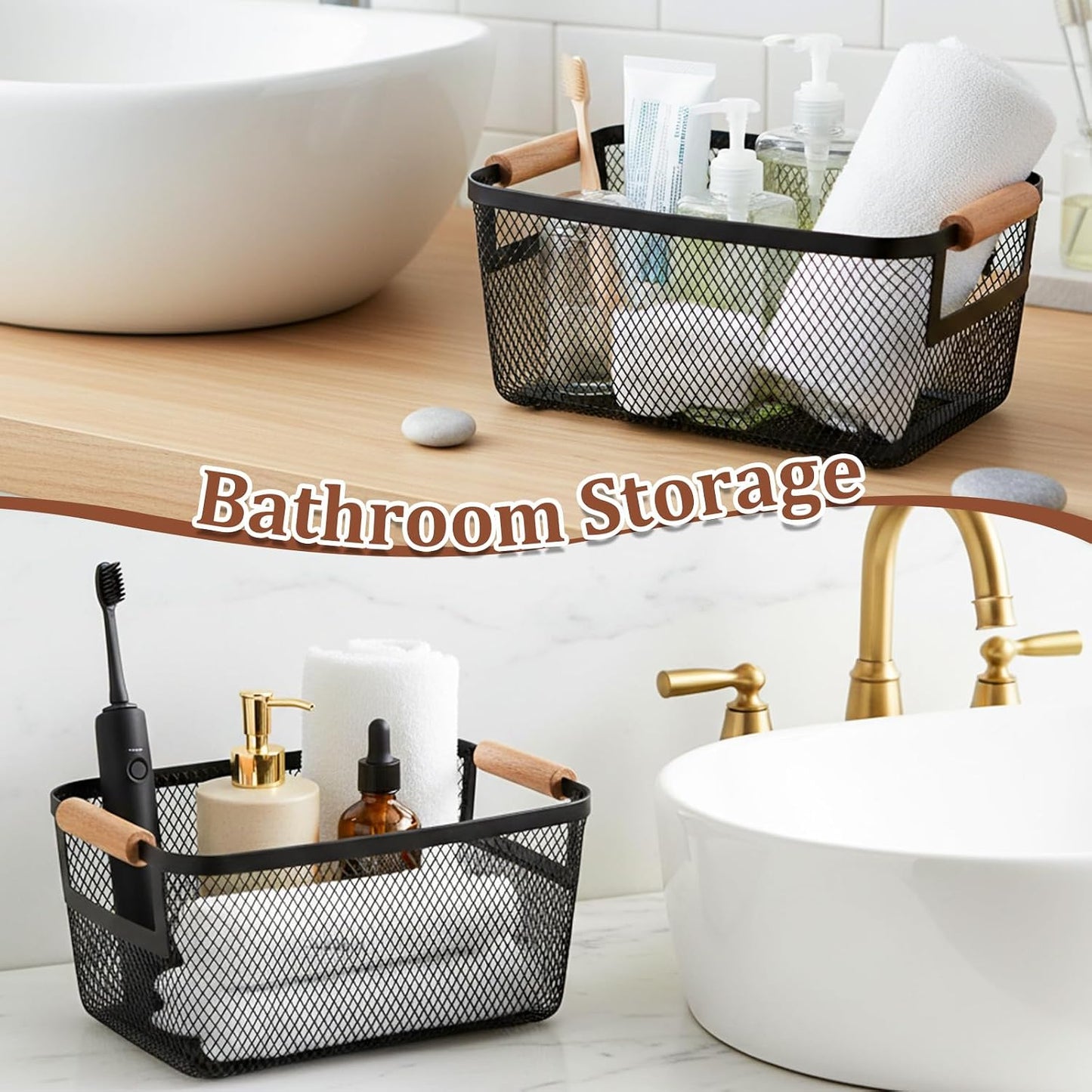 6 Pcs Metal Wire Basket with Wooden Handles, Black Mesh Steel Storage Organizer Bin Containers for Home Organizing Cabinet Pantry Closet Kitchen Fridge Fruit Makeup Snacks