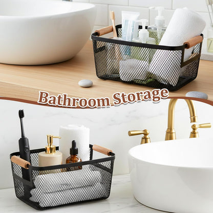 6 Pcs Metal Wire Basket with Wooden Handles, Black Mesh Steel Storage Organizer Bin Containers for Home Organizing Cabinet Pantry Closet Kitchen Fridge Fruit Makeup Snacks